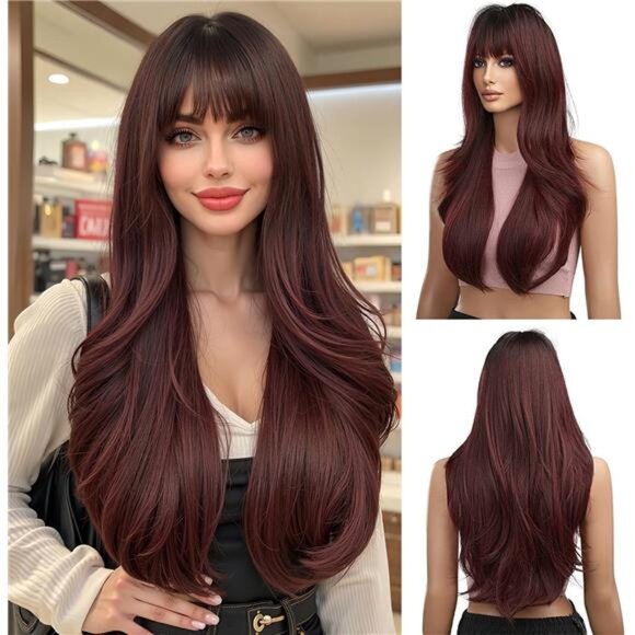 Long Ombre Red Wigs for Women Natuaral Synthetic Wavy Curly Hair Burgundy